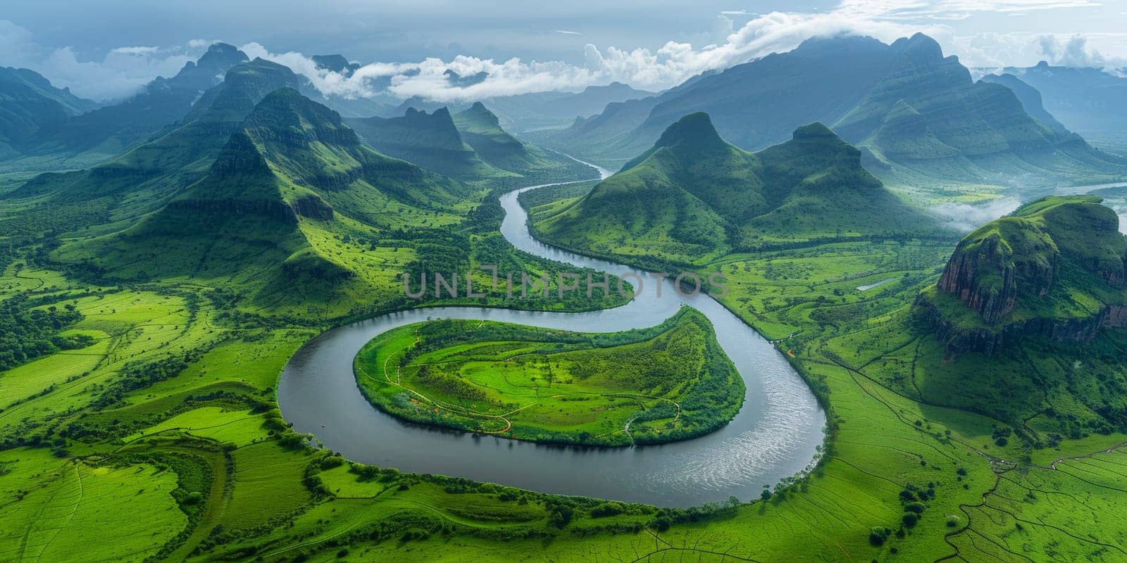 A tranquil river meandering through a vibrant green valley, surrounded by lush foliage and rolling hills under a clear blue sky.