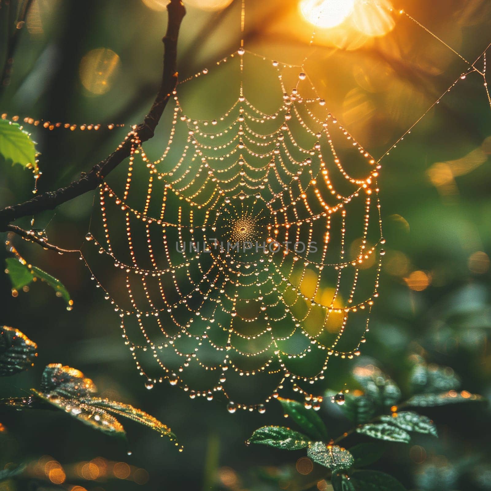 A delicate spider web glistens in the morning light, adorned with tiny dew drops that sparkle like scattered diamonds by but_photo