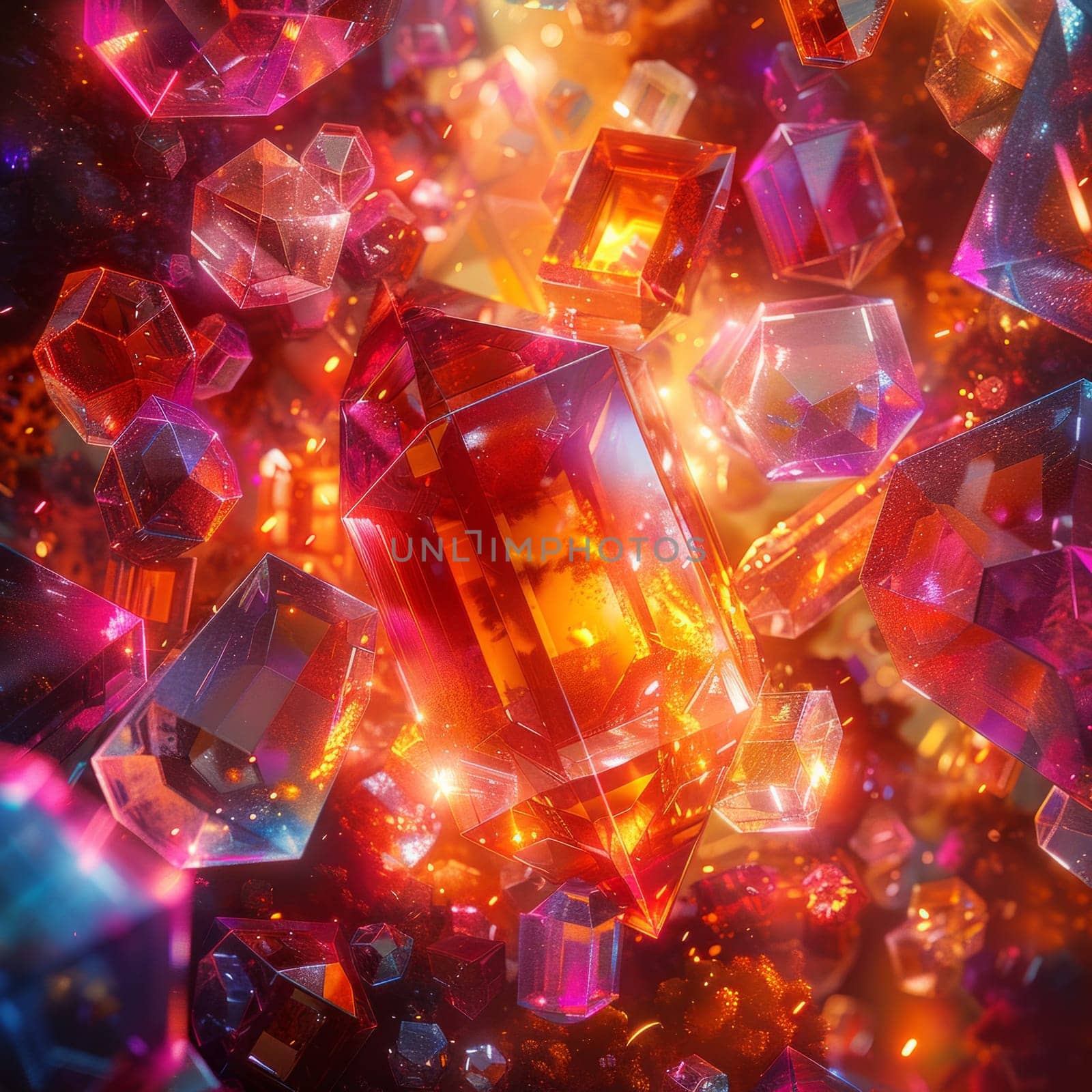 A collection of vibrant, multicolored crystals suspended in the air, creating a mesmerizing display of light and color against a backdrop of glass.