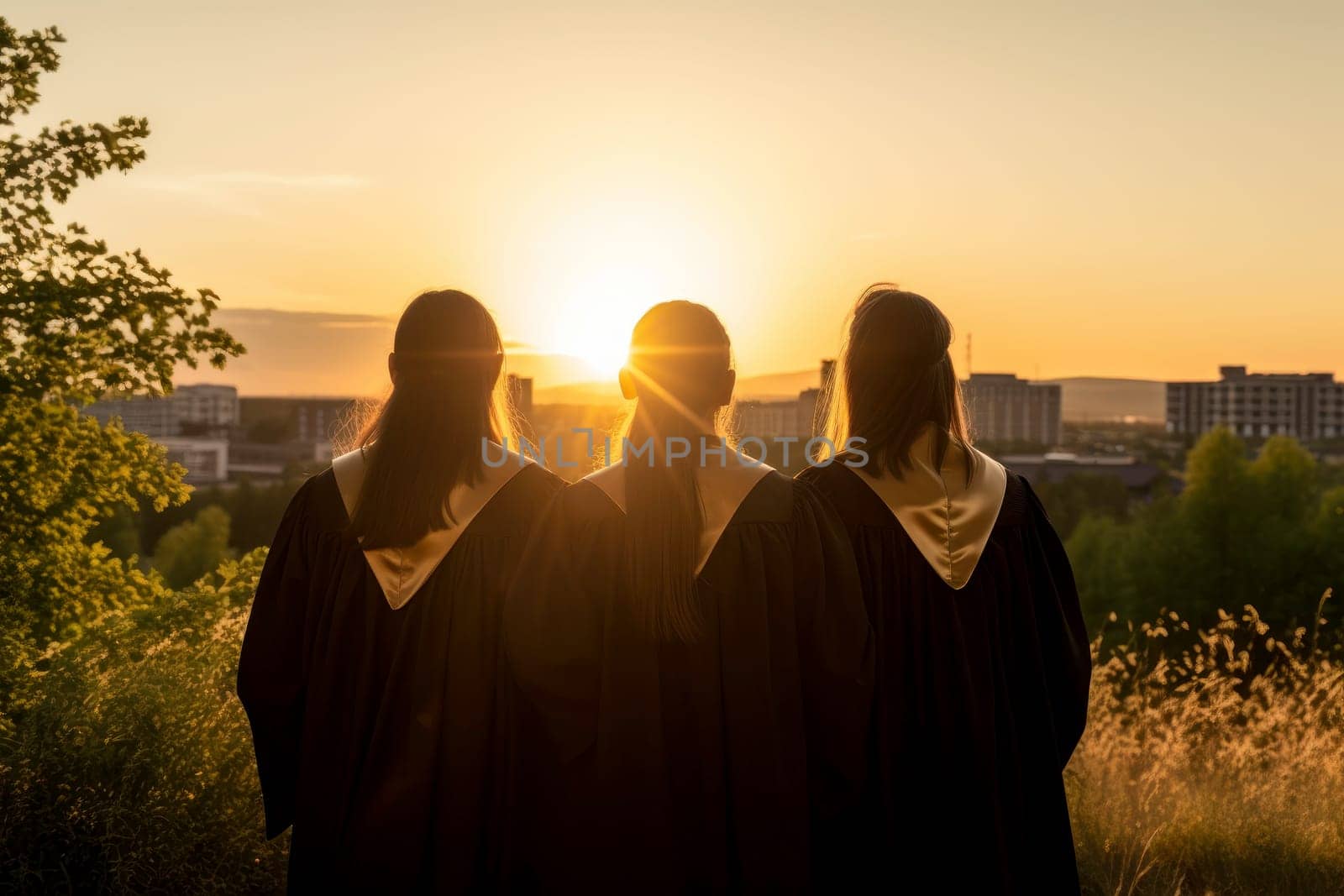 Group of graduates walking down the street. Generative Ai.