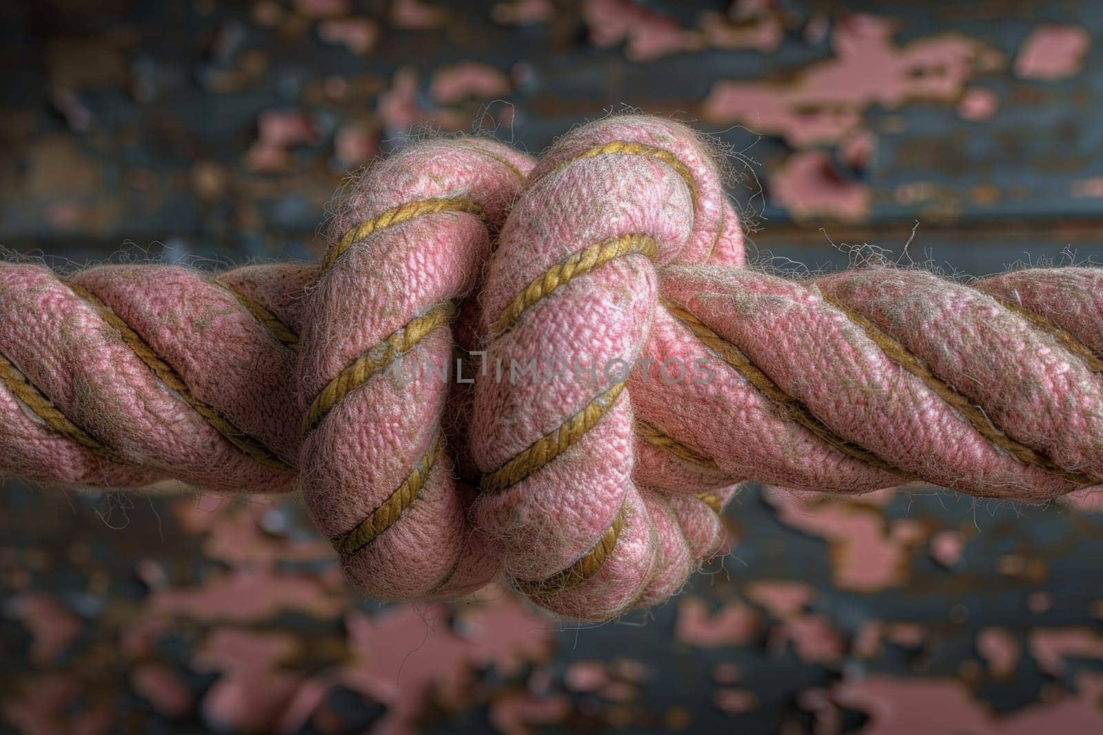 A close-up of a rope with a tight knot, showcasing the intricate details and textures of the twisted material.