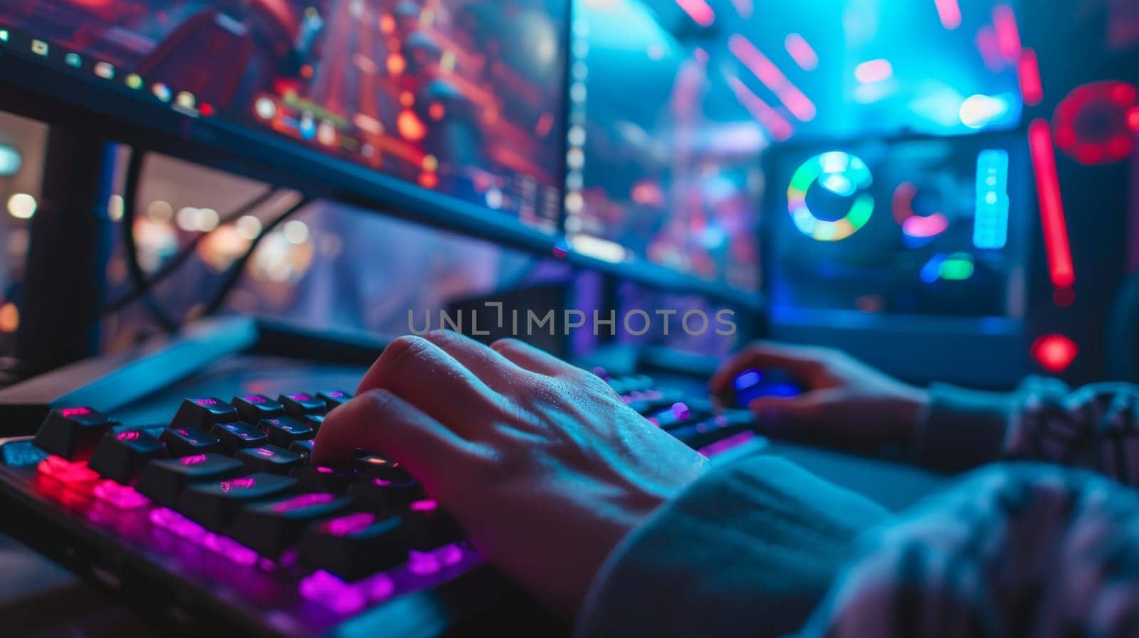 Close up of a gamer hands on the keyboard playing in a competitive gaming event.