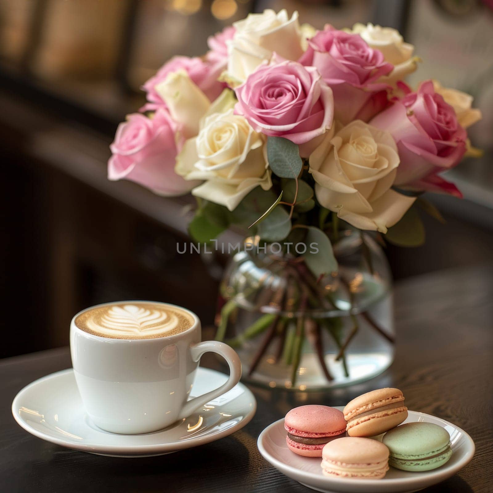 A cozy and elegant scene of a capuccino cup with foam design next to a vase of pink and cream roses. Colorful macarons add sweetness to the coffee by papatonic