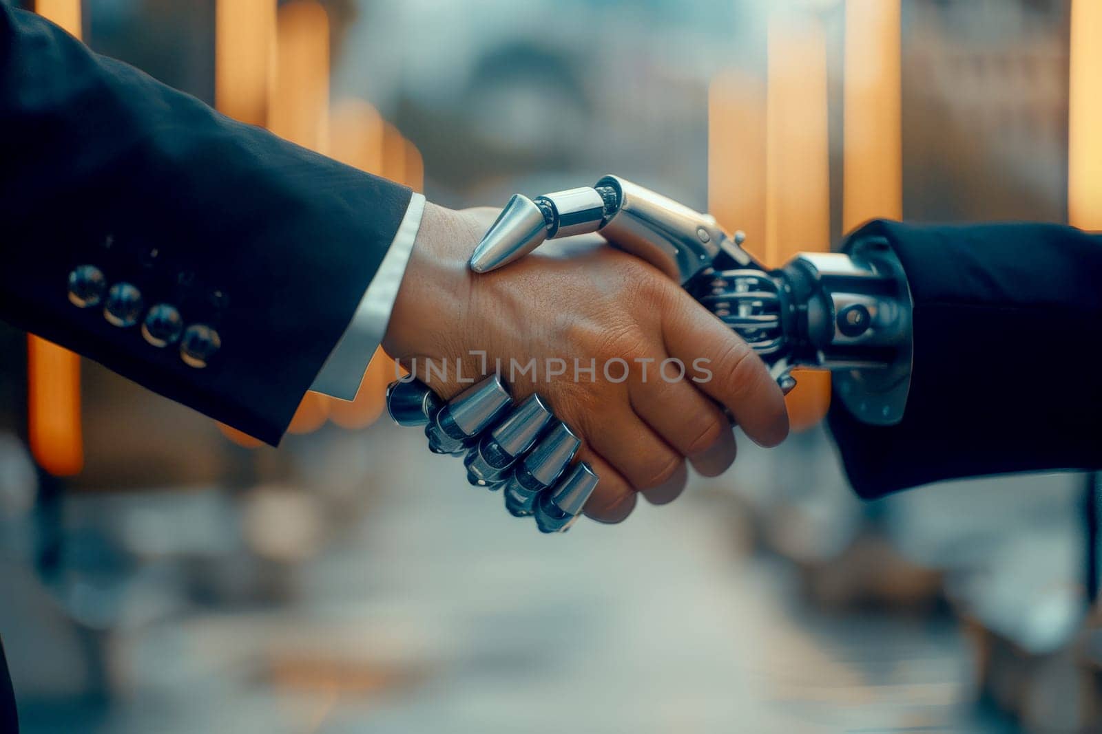 Businessman handshake With Robot Robot shaking hands with human partners or friends.ai generative.