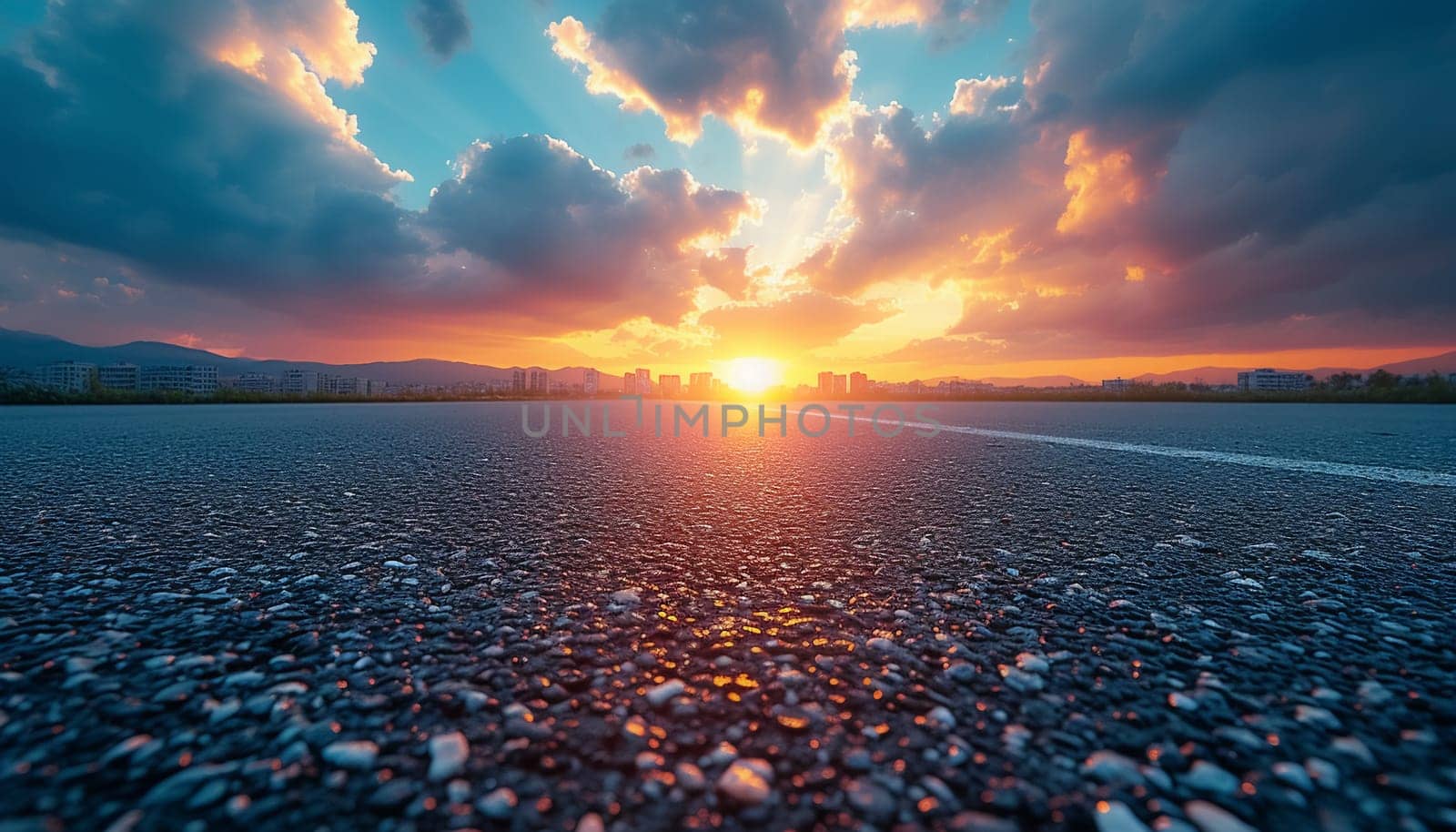 The perspective of the road against the background of sunset and the cityscape. High quality photo