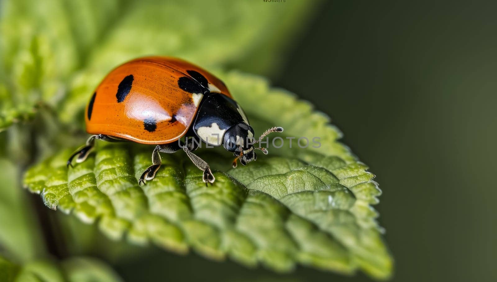 Vibrant ladybug on green leaf macro photography. Closeup of orange ladybird beetle on textured plant foliage. Concept of nature, insects, gardening.