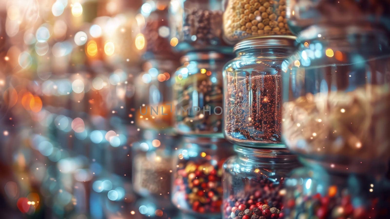 Colorful spices in glass jars with festive holiday lights. Aromatic seasonings and culinary ingredients for cooking and baking. Concept of flavors, aromas, and seasonal cuisine.