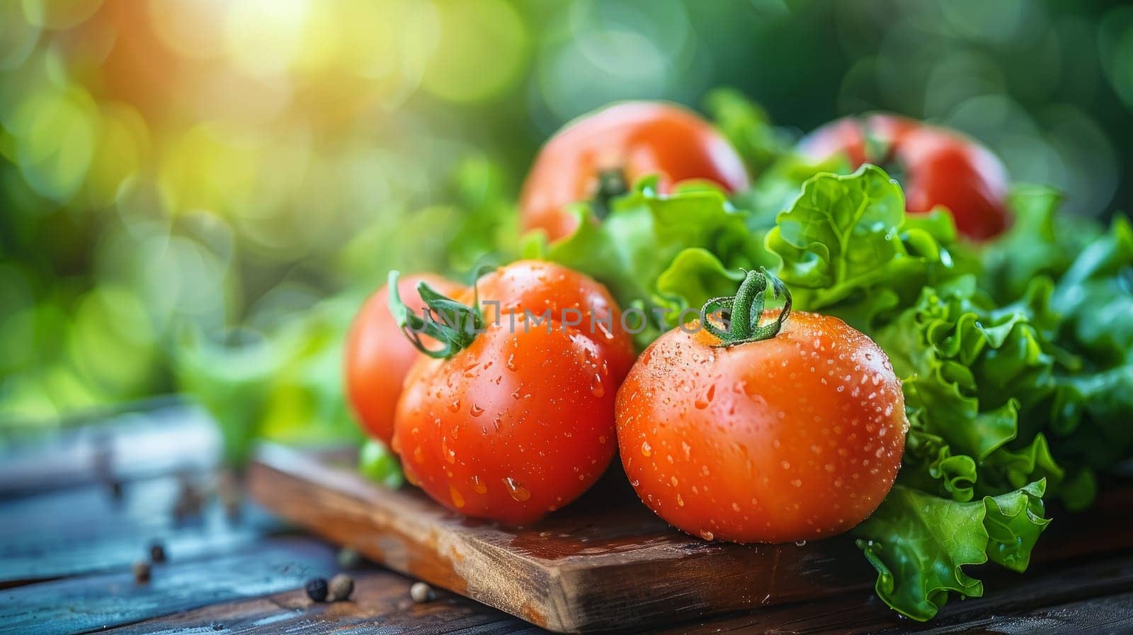 Fresh ripe tomatoes and lettuce on rustic wooden background. Organic vegetables with water drops. Healthy vegetarian food concept.