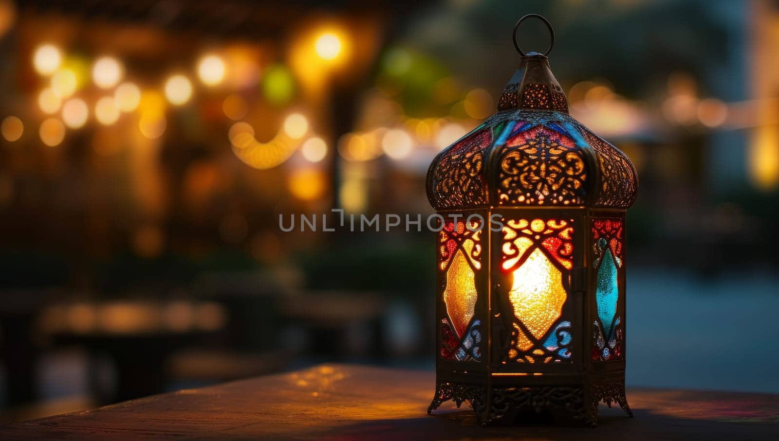 Lantern in a restaurant at night. Ramadan Kareem.