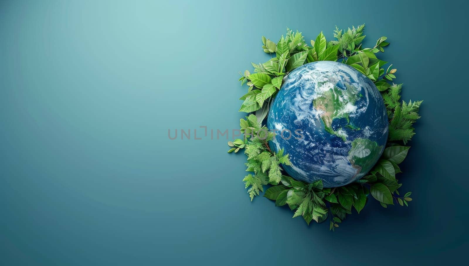 Earth globe surrounded by green leaves, environmental conservation concept. Planet Earth nestled in lush foliage representing sustainable eco friendly living and nature protection.