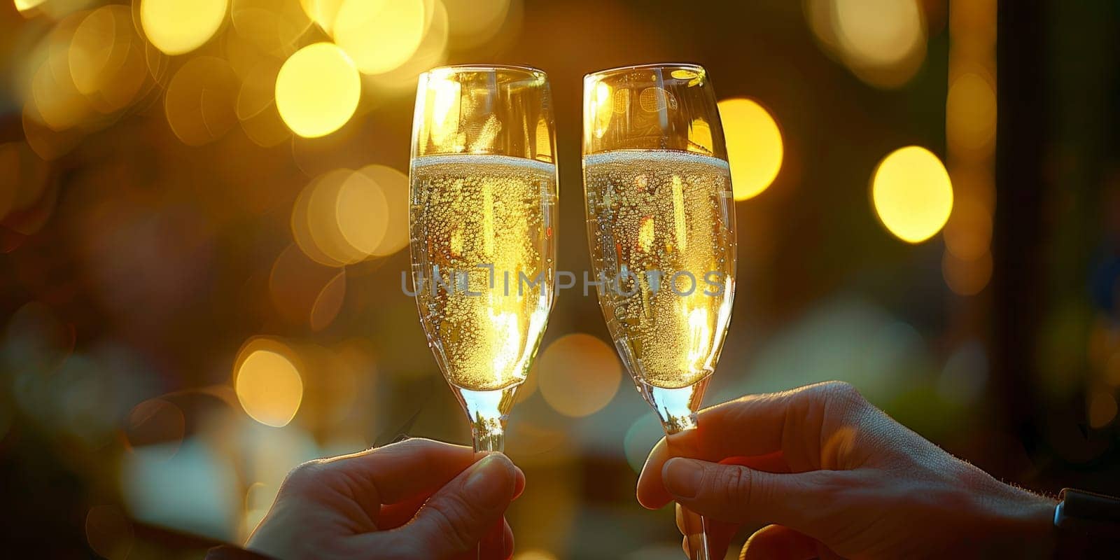 Celebrating New Years Eve with champagne toast. Festive holiday cheers with sparkling wine glasses.