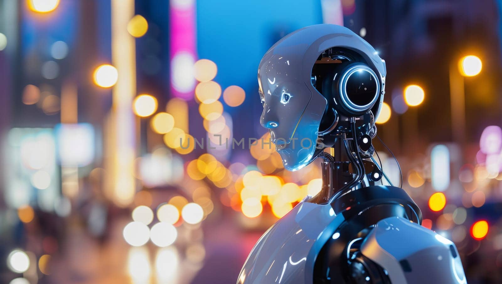 Futuristic robot AI android in neon city lights at night. Concept of artificial intelligence, technology and automation.