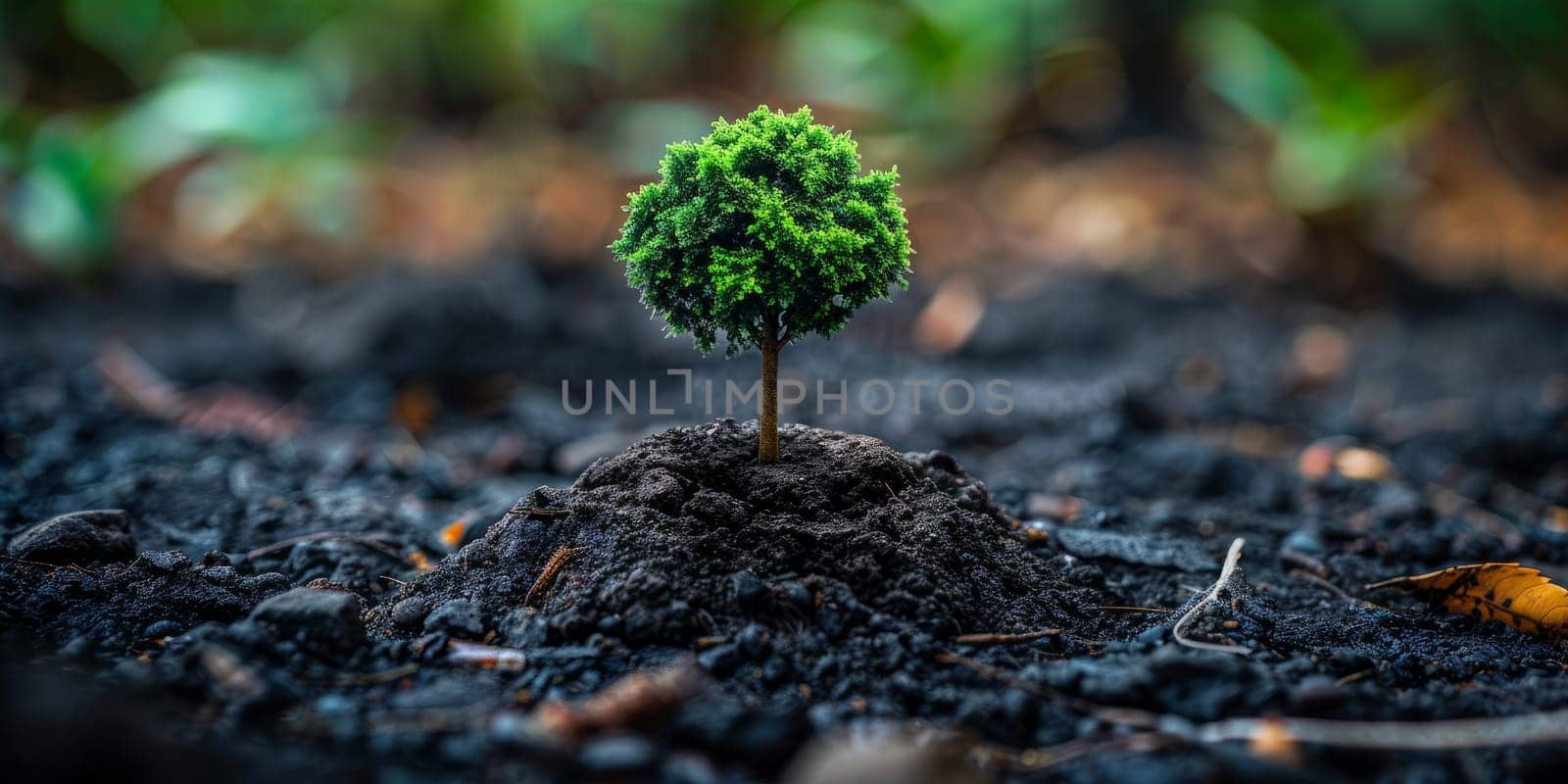 Seedling growing in a pile of soil, representing new life and growth. The concept of planting trees to save the planet and protect the environment.