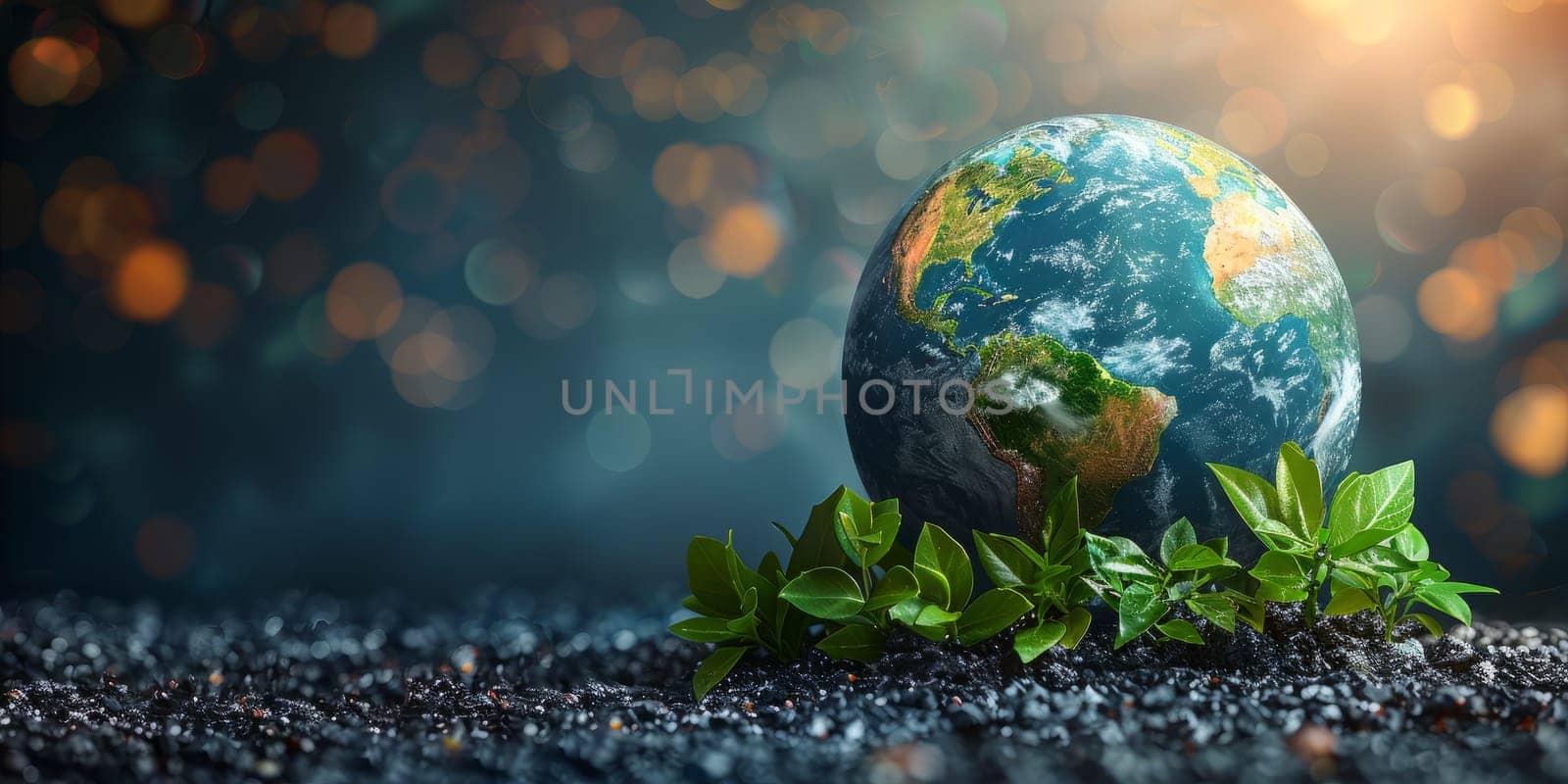 Earth Day concept, image of a planet Earth with green leaves growing out of the ground in front of it.