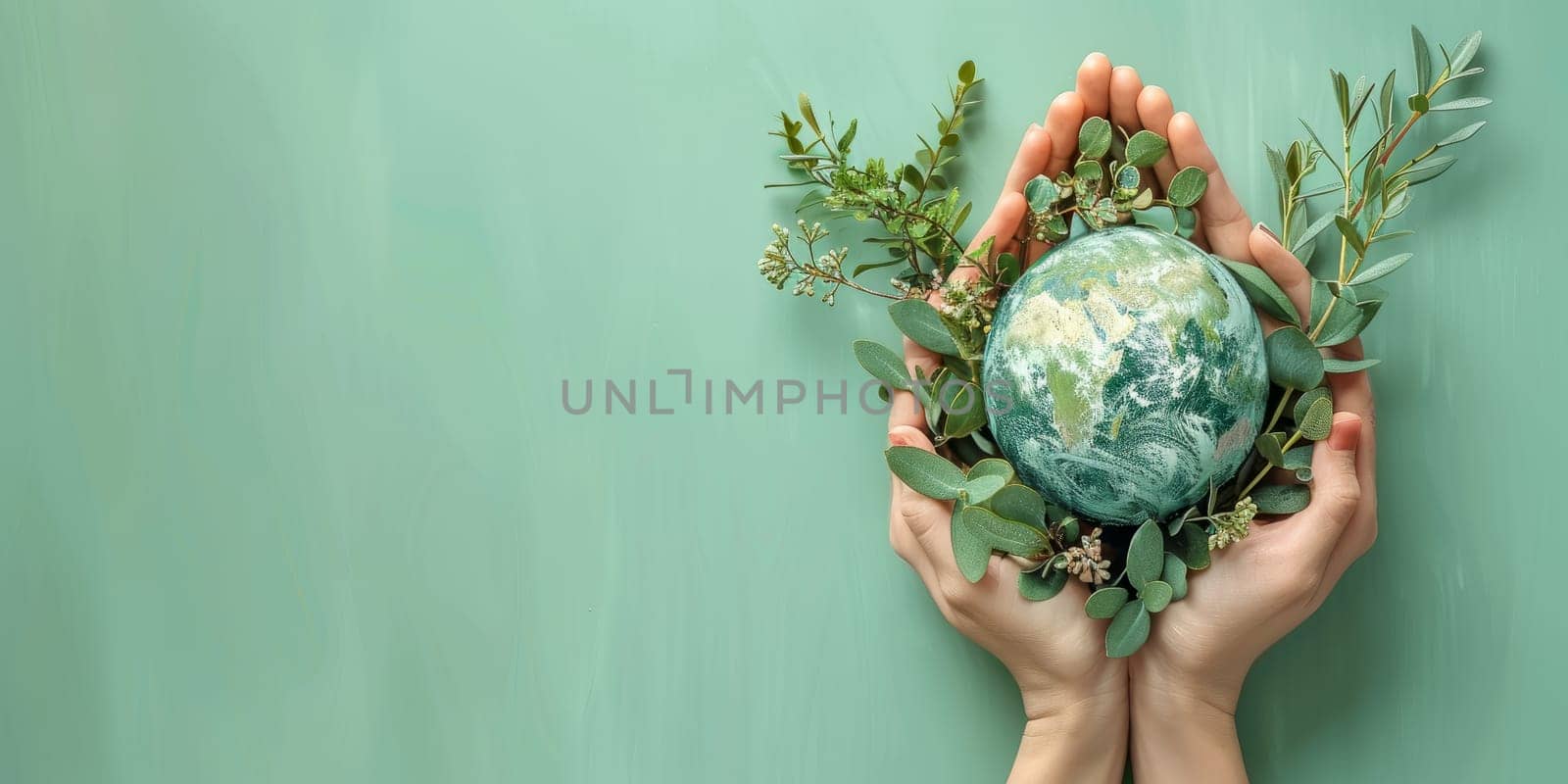 Hands holding a globe with green leaves. Earth Day concept. Environmental protection and sustainable development.