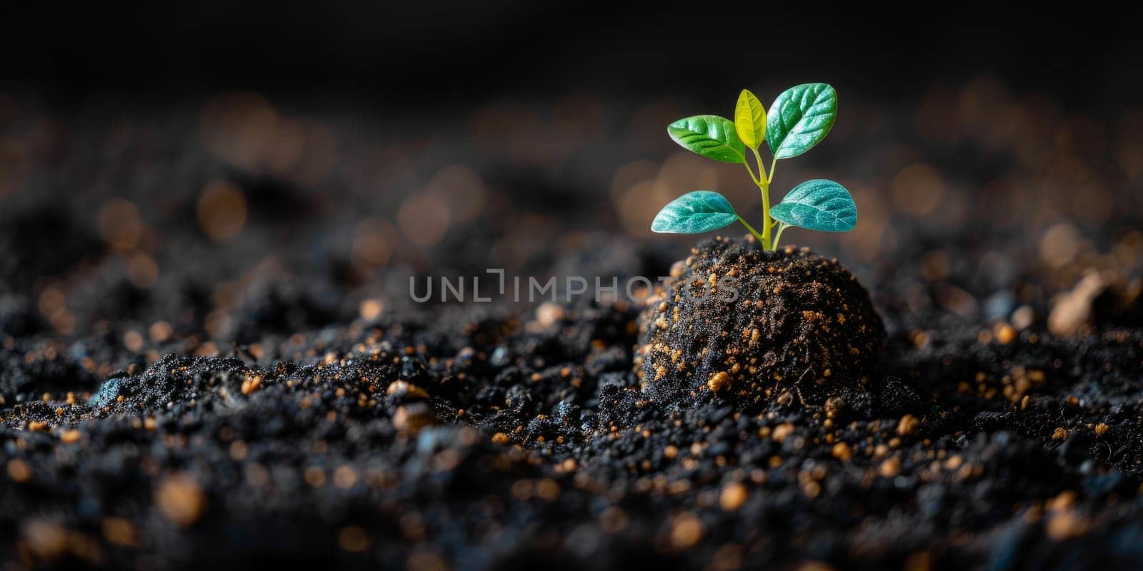 Young green plant sprouting from fertile soil, symbolizing new life and growth. Concept of nature, renewal, and environmental sustainability.