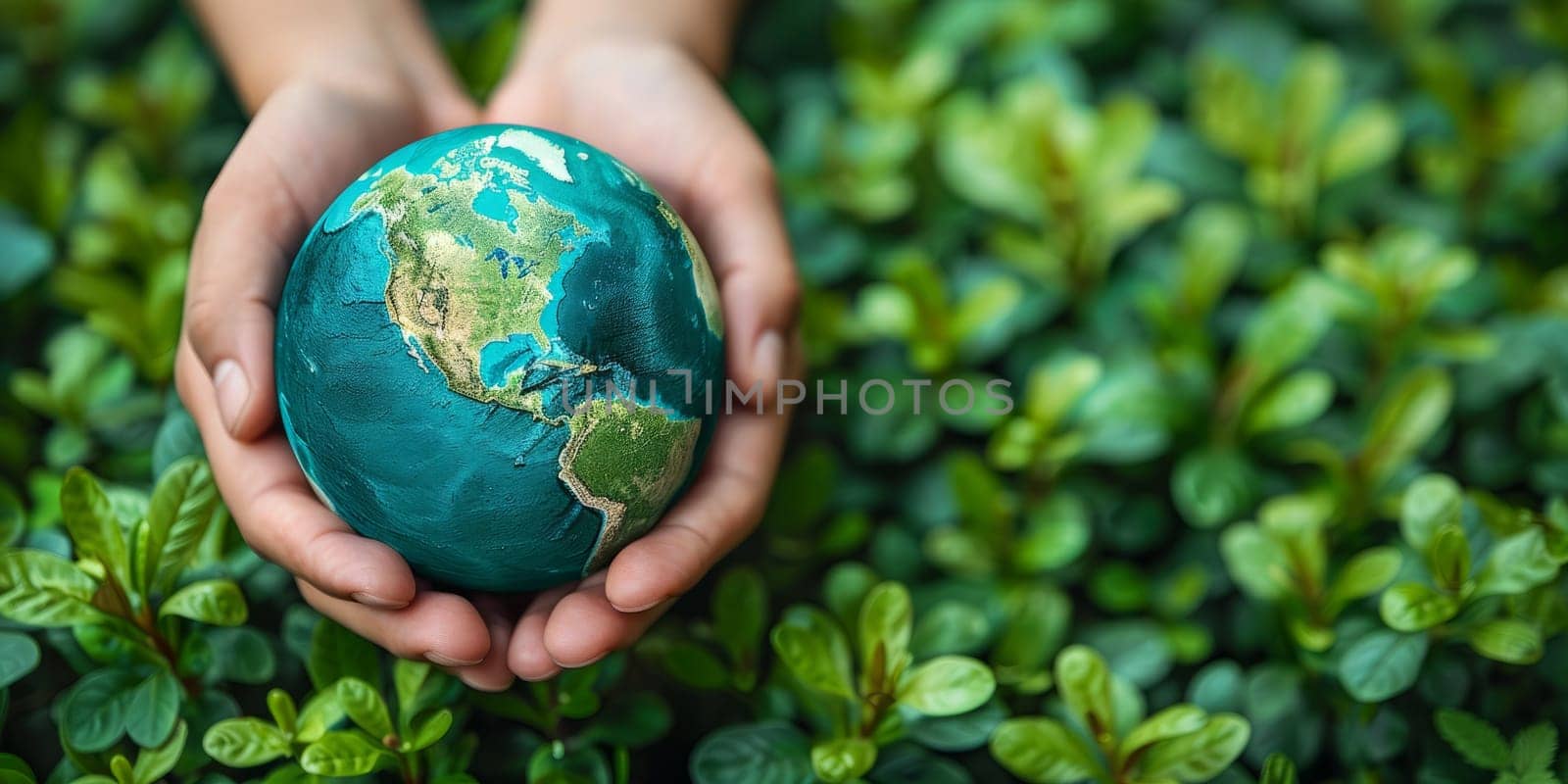 Hand holding earth globe on nature background. Save the Earth concept.