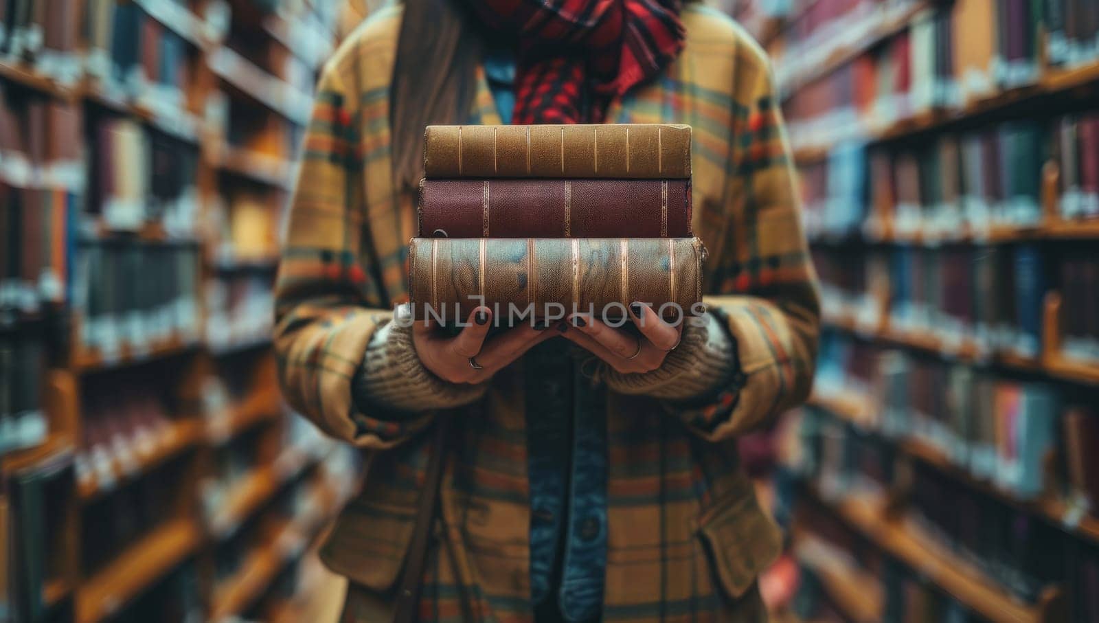 Student holding stack of books in library aisle. Concept of education, knowledge, and literature.