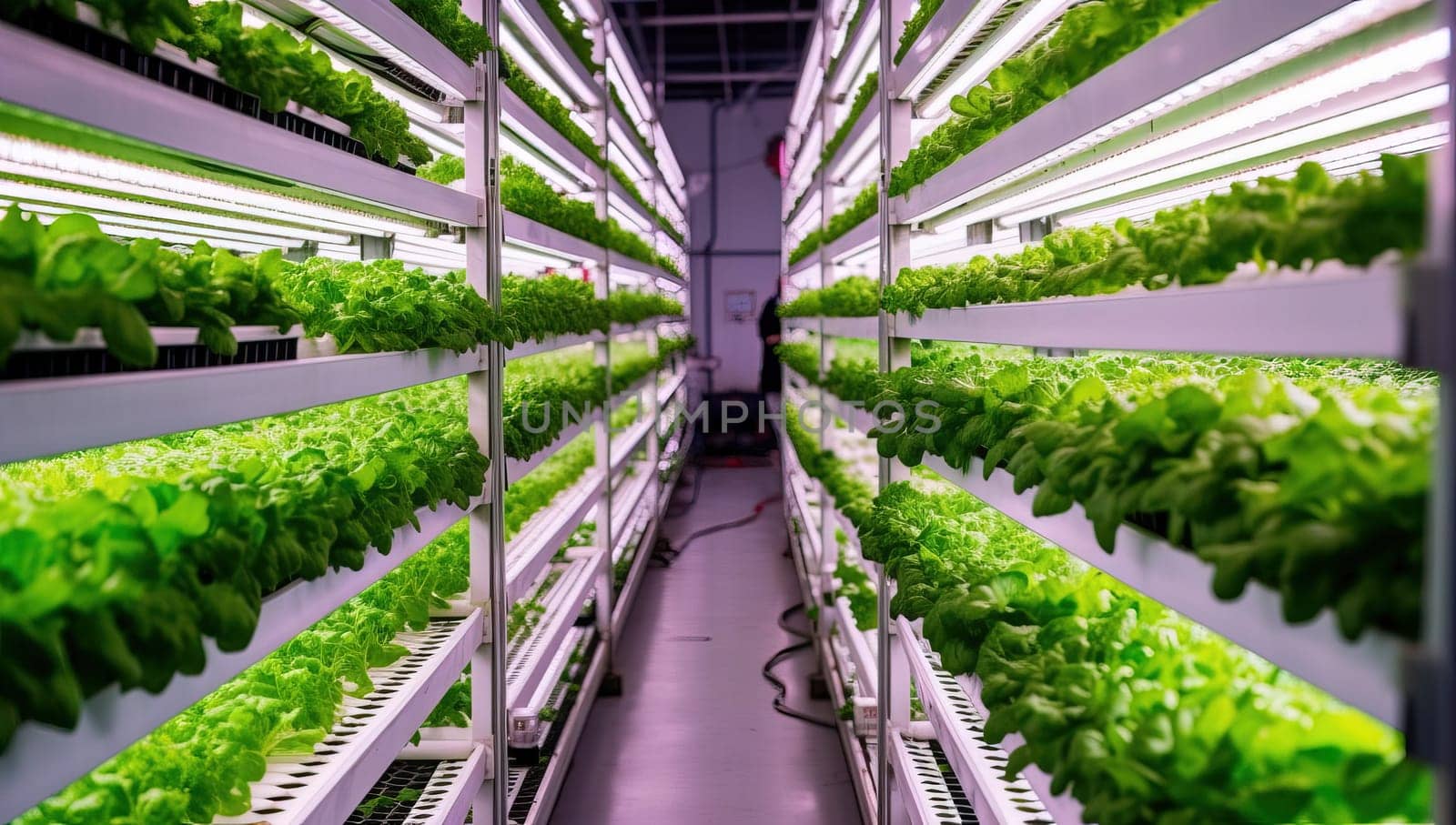 Indoor vertical hydroponic farm with rows of lush green leafy vegetables growing under LED lights. Sustainable urban agriculture and futuristic farming concept.