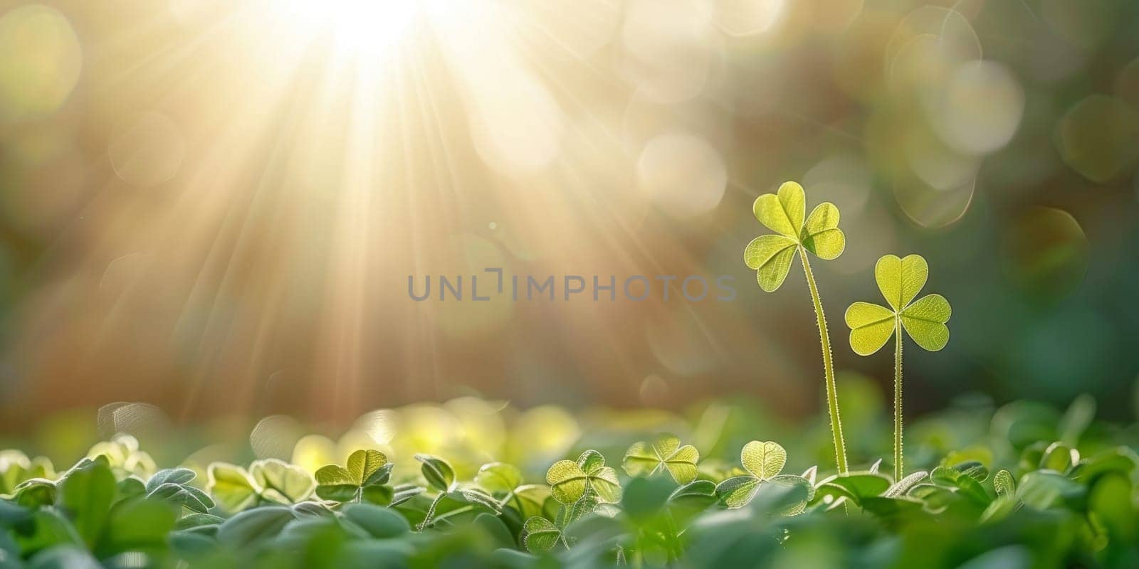 Lucky leaf clover glowing in sunbeam rays. Concept of luck, nature, and spring.