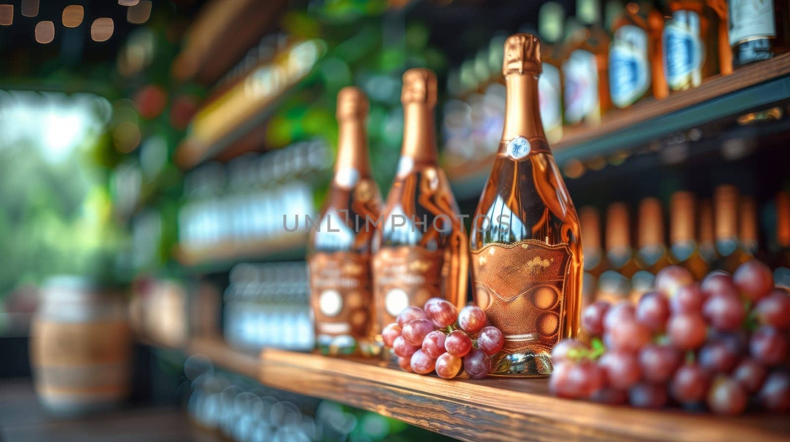 Bottles of Rose Wine and Grapes on Rustic Cellar Shelf