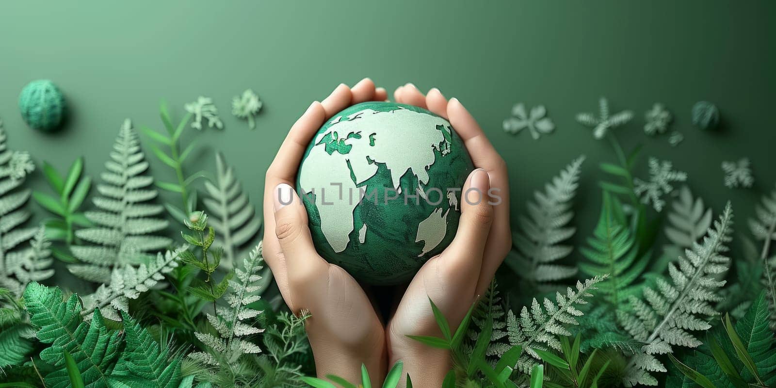 Hands holding earth globe on green leaves background. Save the planet concept