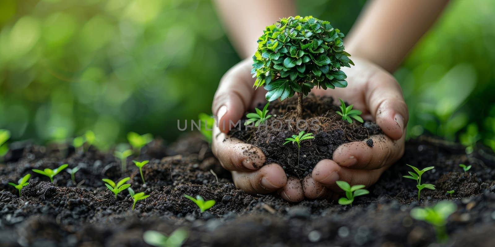 Hands nurturing young plant seedling in fertile soil. Concept of environmental conservation, sustainable gardening, and eco friendly living. by ailike