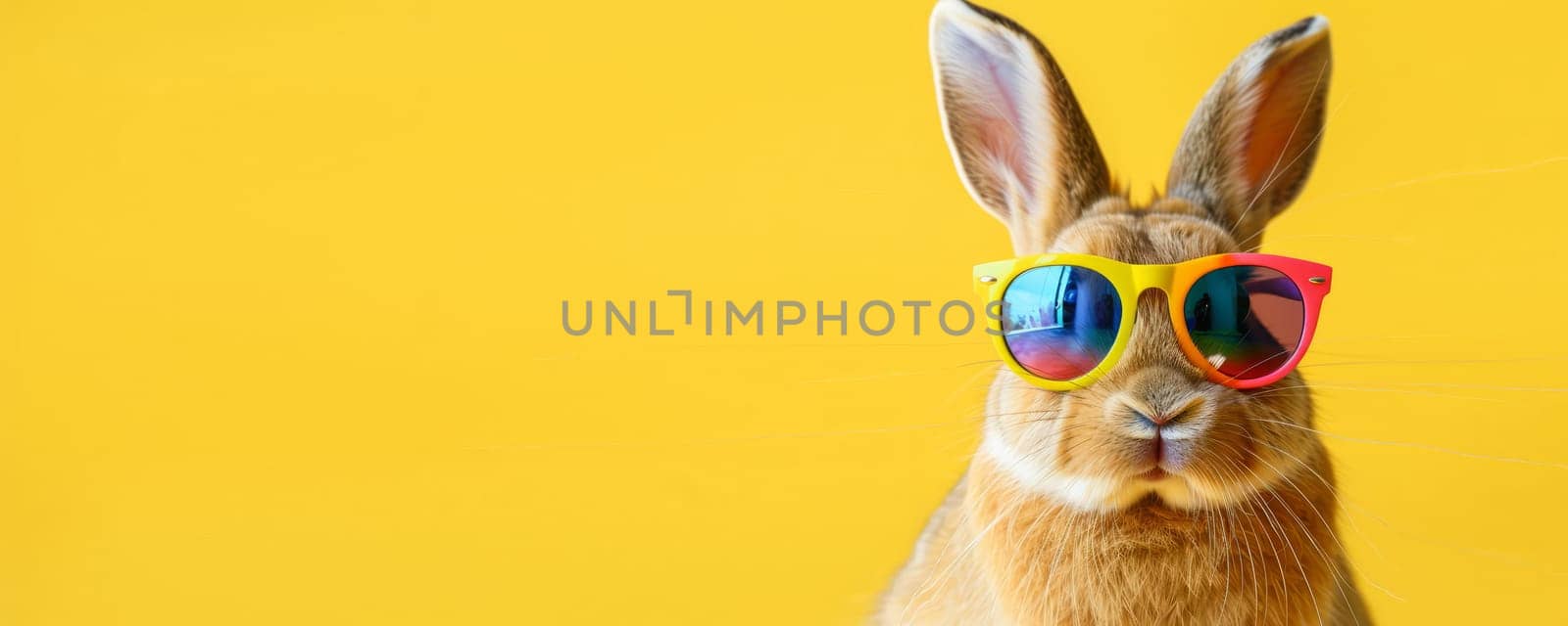 Funny rabbit wearing colorful sunglasses on yellow background. Cute bunny with cool sunglasses looking at camera. Concept of humor, pets, and Easter.