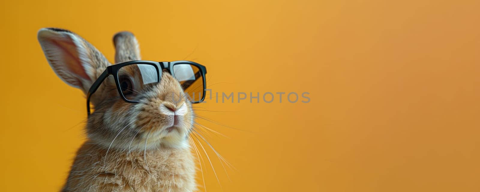Close up portrait of a cute brown bunny wearing eyeglasses, isolated on an orange background. Easter concept.