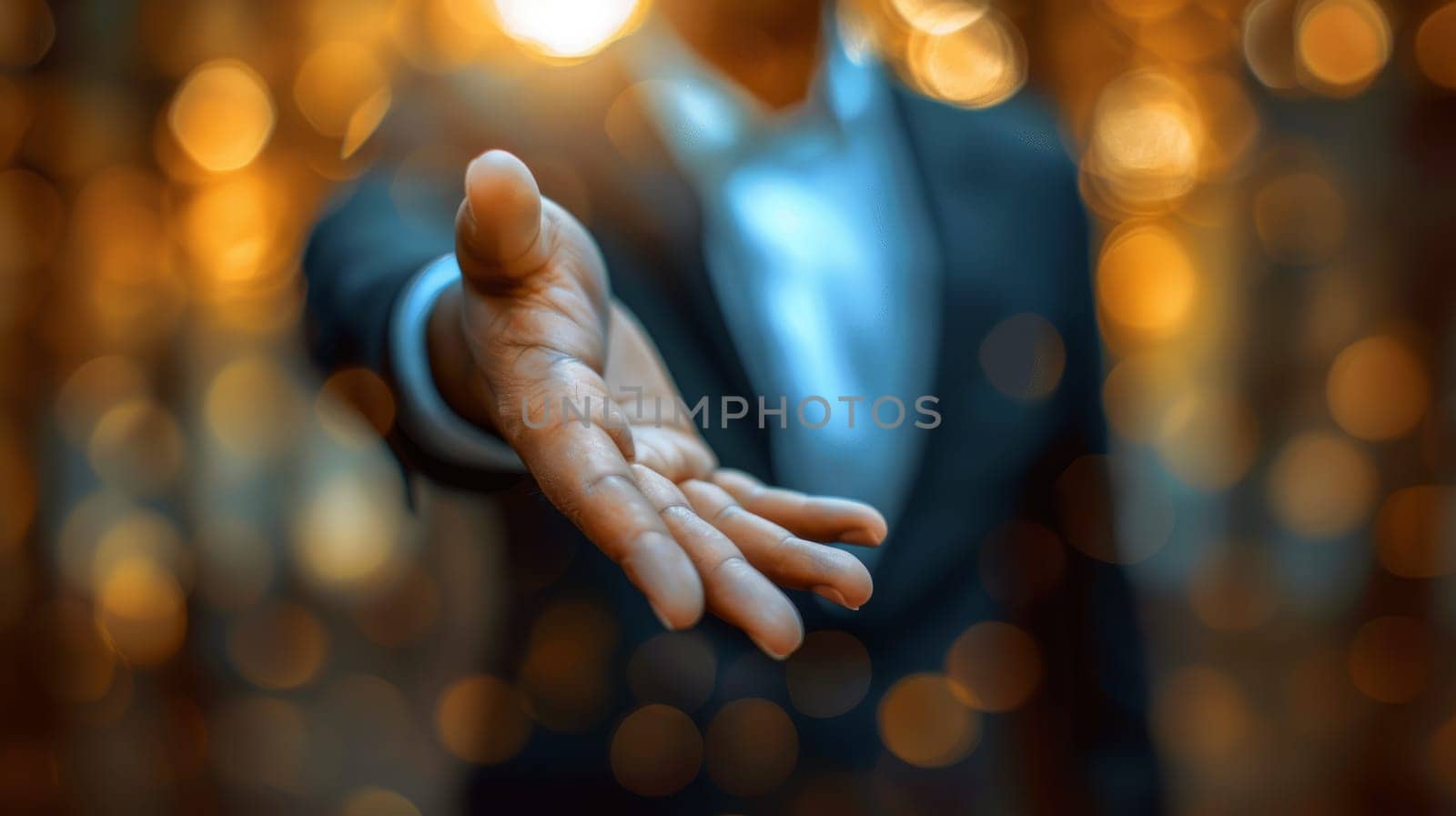 Reaching out hand gesture with blurred golden lights background. Concept of support, help, and compassion.