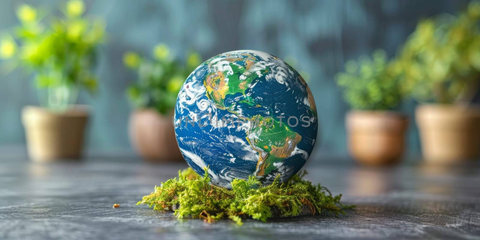 Earth globe on moss symbolizing environmental conservation and sustainability. Eco friendly and nature concept with planet Earth model. Earth day. Save the planet.