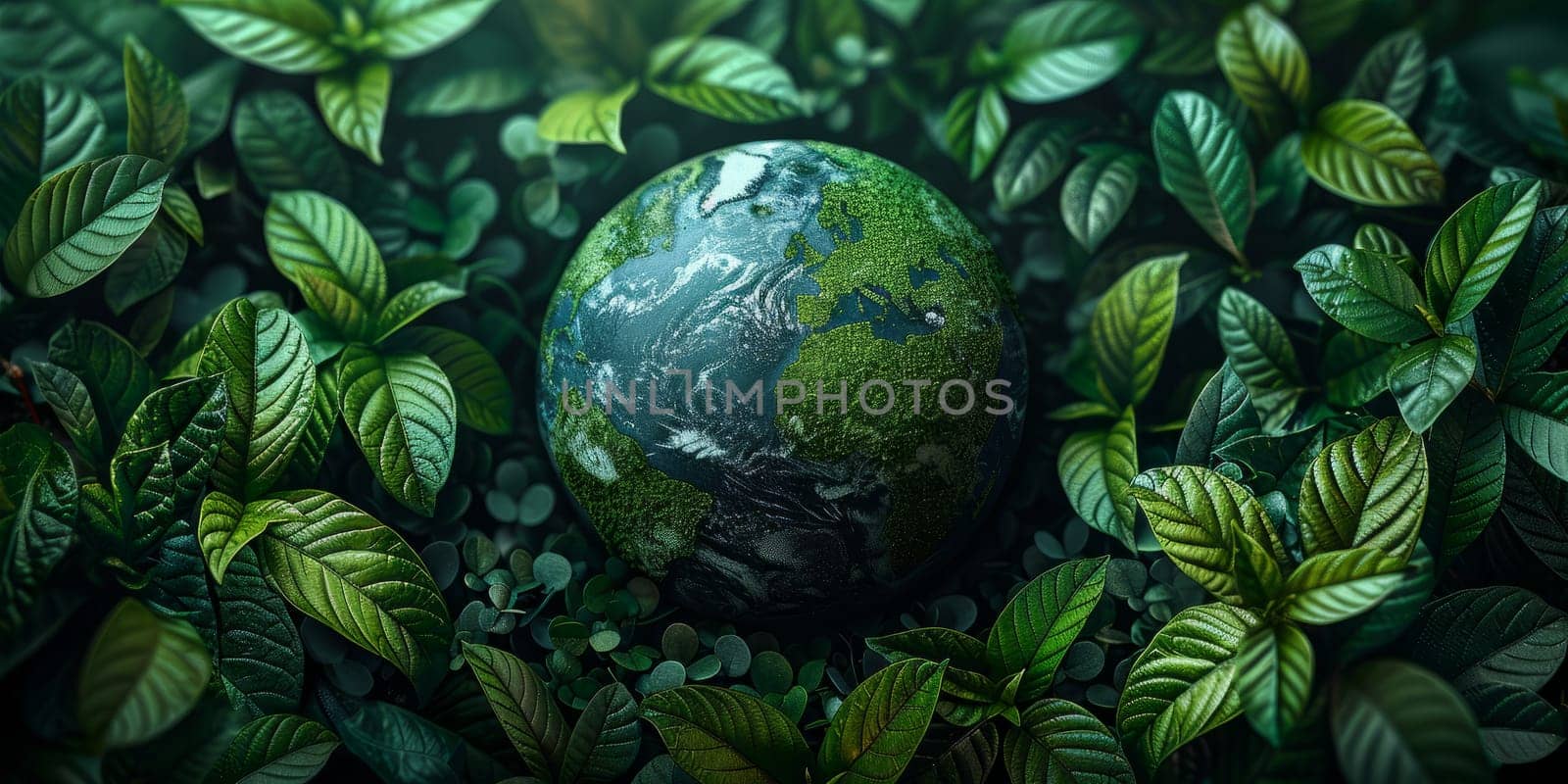 Green leaves of plants with a globe of the Earth in the center. Concept of ecology, environment and sustainable development.