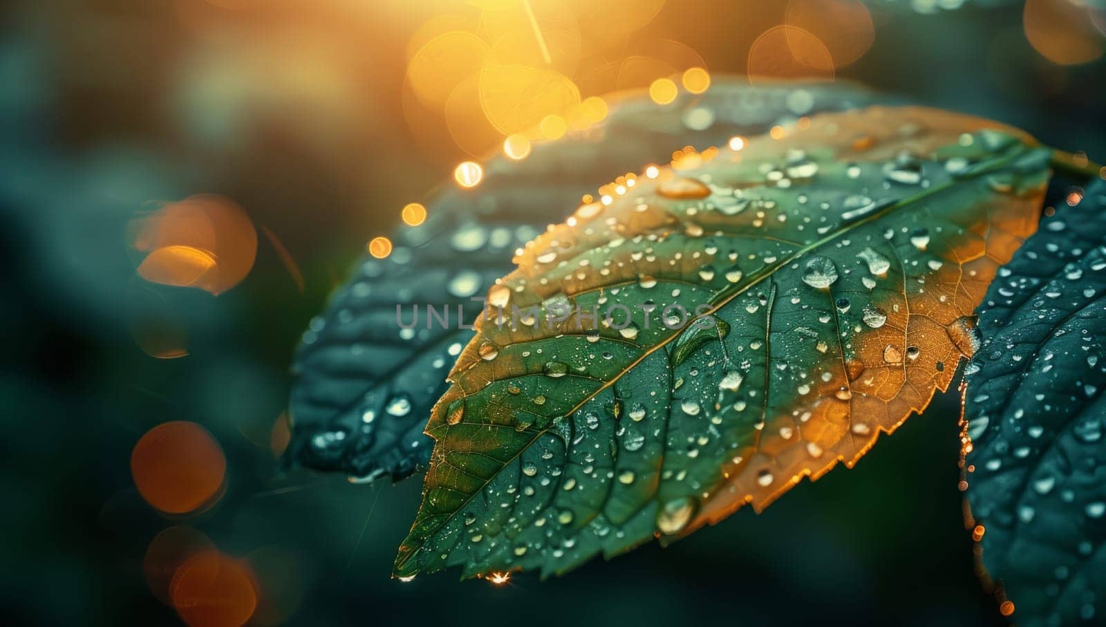 Rain drops on the leaves of a rose in the rays of the setting sun.