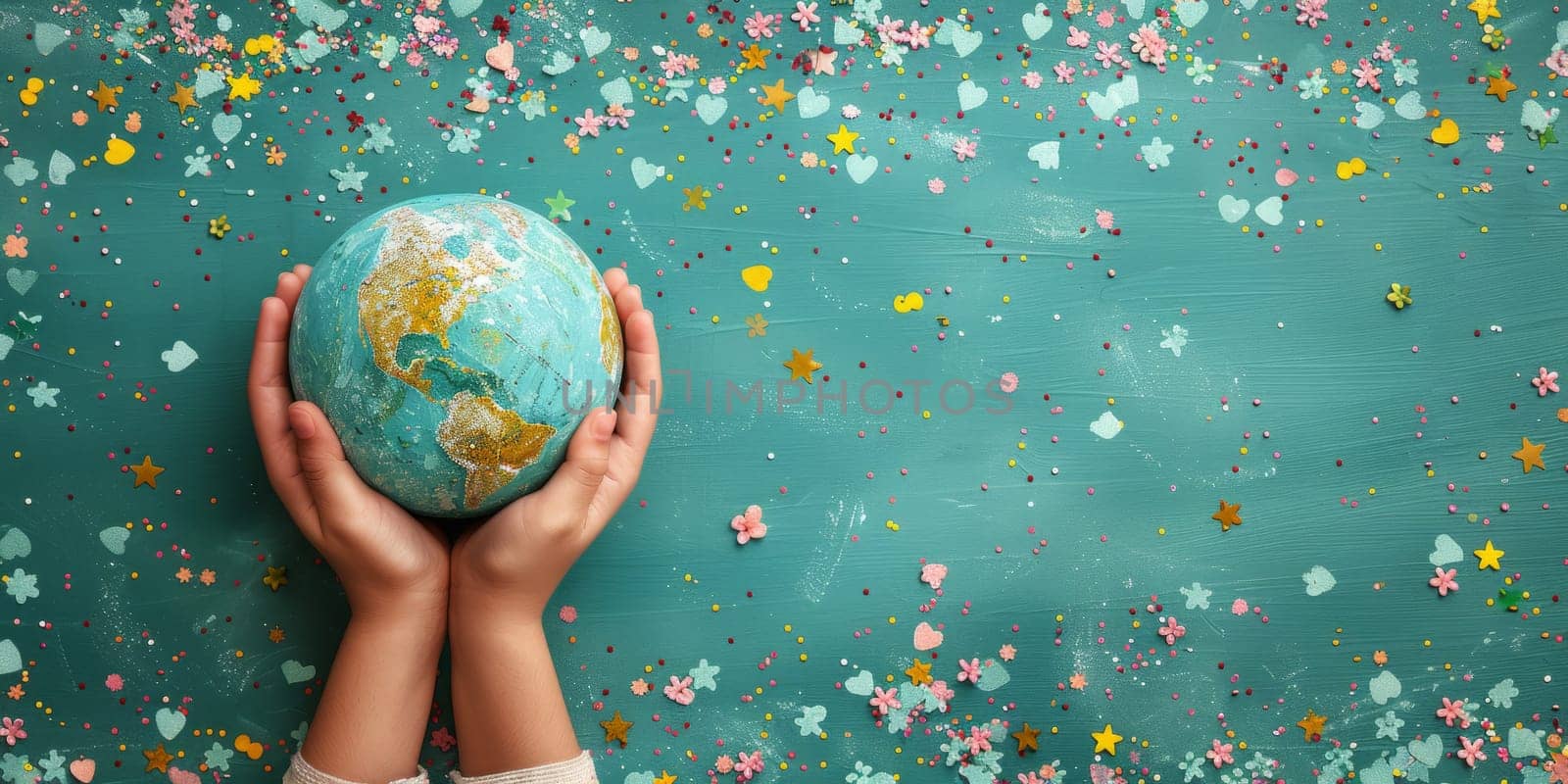 Child holding globe in hands with colorful sprinkles background. Earth day concept. Save the planet. Environmental protection.