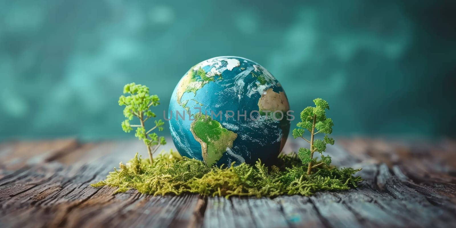 Planet Earth with green sprouts on wooden surface, environmental conservation concept. Global ecology, sustainable development, and eco friendly future.