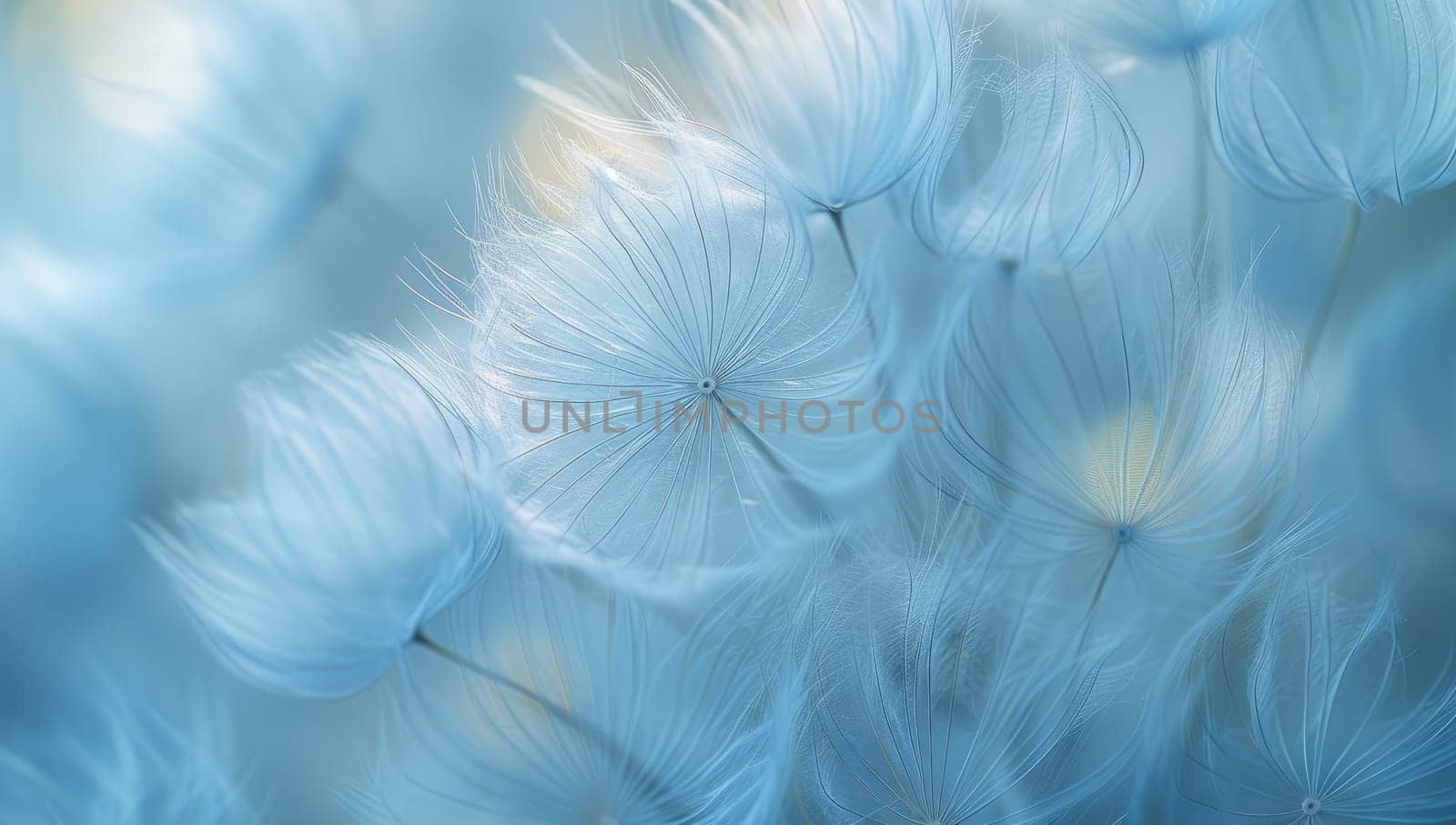 Ethereal dandelion seeds in soft blue tones. Delicate feathery dandelion flower heads dispersing seeds. Concept of lightness, fragility, and natures beauty.