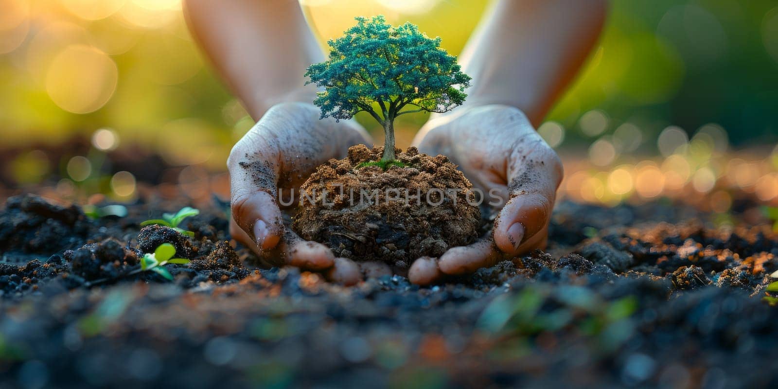 Nurturing nature: Hands cradling a vibrant tree seedling sprouting from fertile soil. Concept of environmental conservation, sustainable growth, and ecological balance.