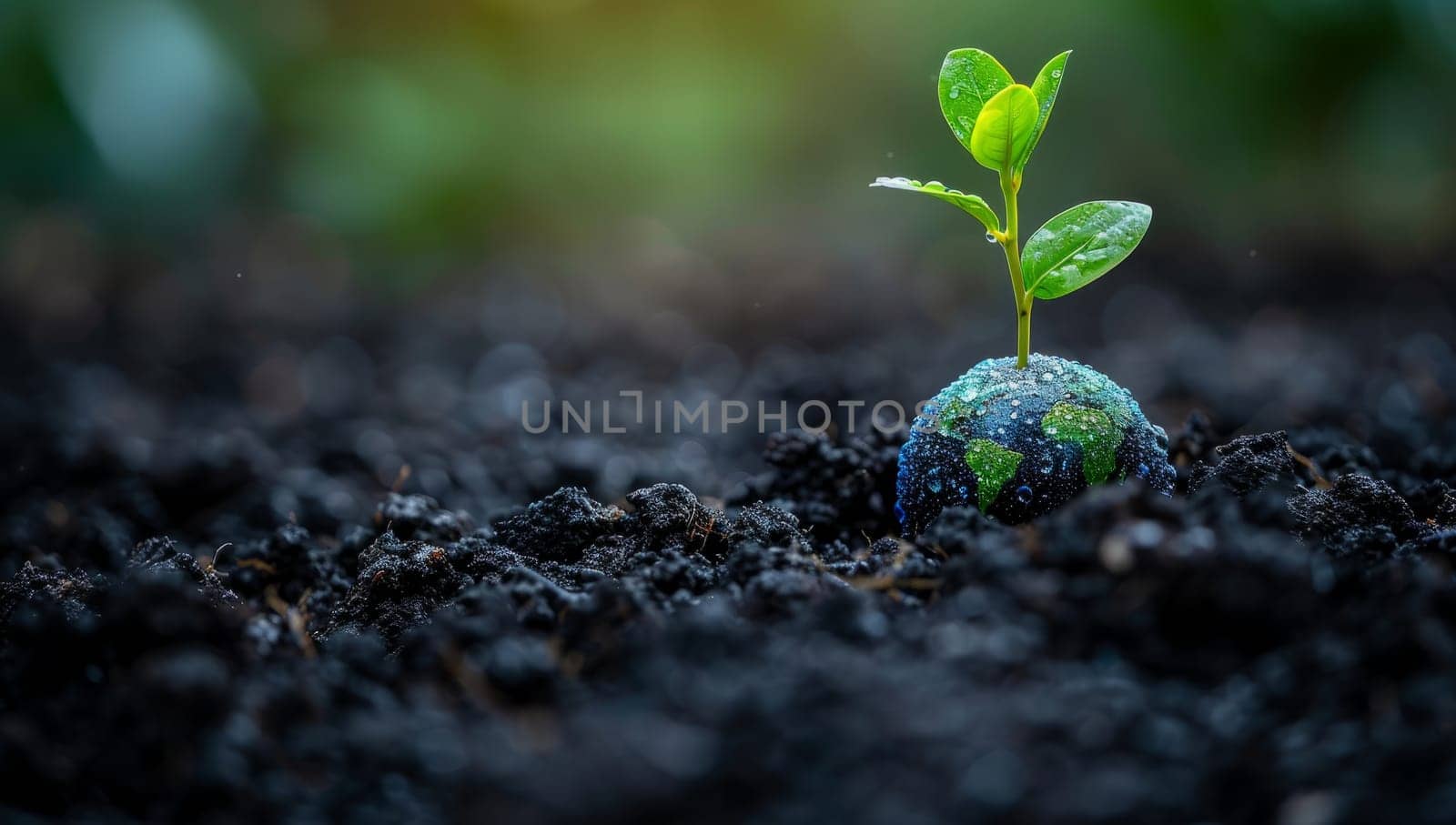 Close up of a small plant growing out of the dirt with a small globe in the center of the plant with water droplets on the globe. Earth day concept