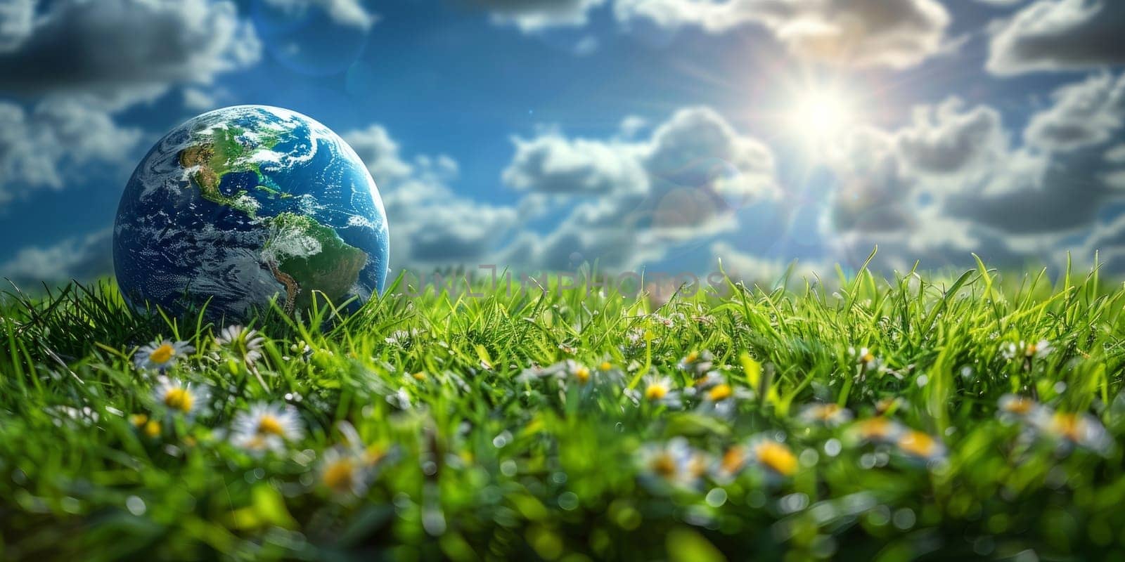 Earth globe on green meadow with flowers under blue sky. Concept of environmental protection, sustainability, and eco friendly living.