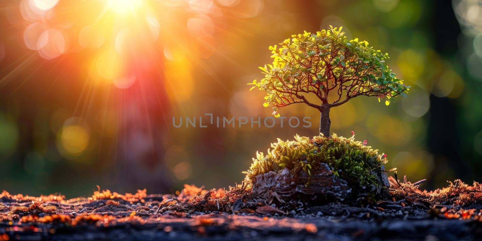 Vibrant autumn nature scene with miniature tree and sunlight. Concept of change of seasons, growth, and new beginnings.