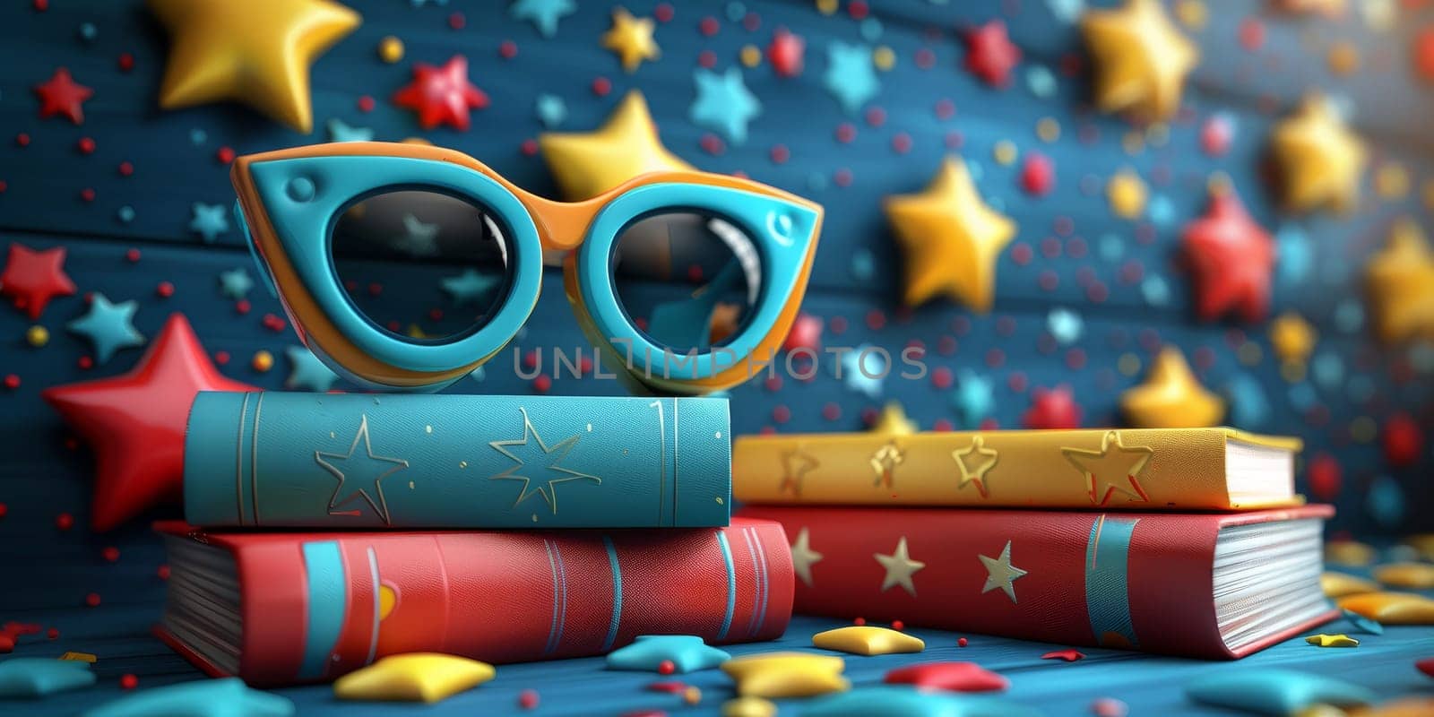 Fun and Whimsical Reading Glasses with Stacked Books on Colorful Star Background. Concept of Imagination, Creativity, and Escapism through Literature.