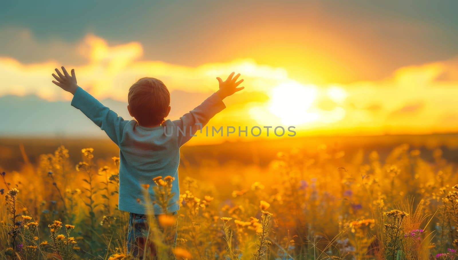 Little boy standing in a field of flowers with his arms raised in the air, enjoying the sunset. Concept of freedom, happiness, and nature.