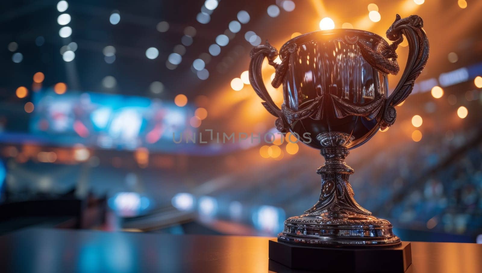 Close up of a silver trophy cup on a table with blurred stadium lights in the background. Concept of winning, achievement, success, and victory.
