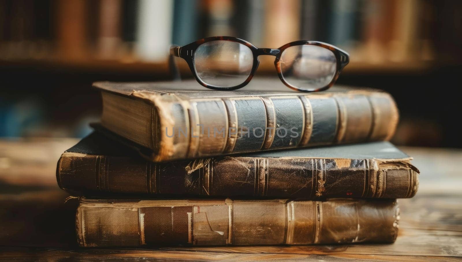 Vintage glasses resting on antique books in a cozy library setting. Concept of knowledge, wisdom, and literary exploration.