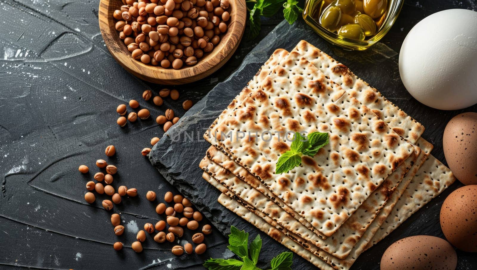 Matzo for Passover celebration with eggs, nuts, and olives on rustic background. Traditional Jewish unleavened bread and ingredients for Seder meal.