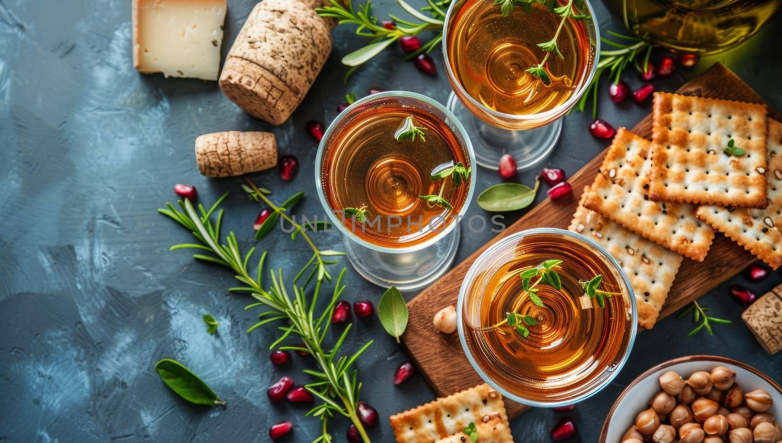 Black tea with pomegranate seeds, herbs and crackers on blue stone background. Top view, copy space.