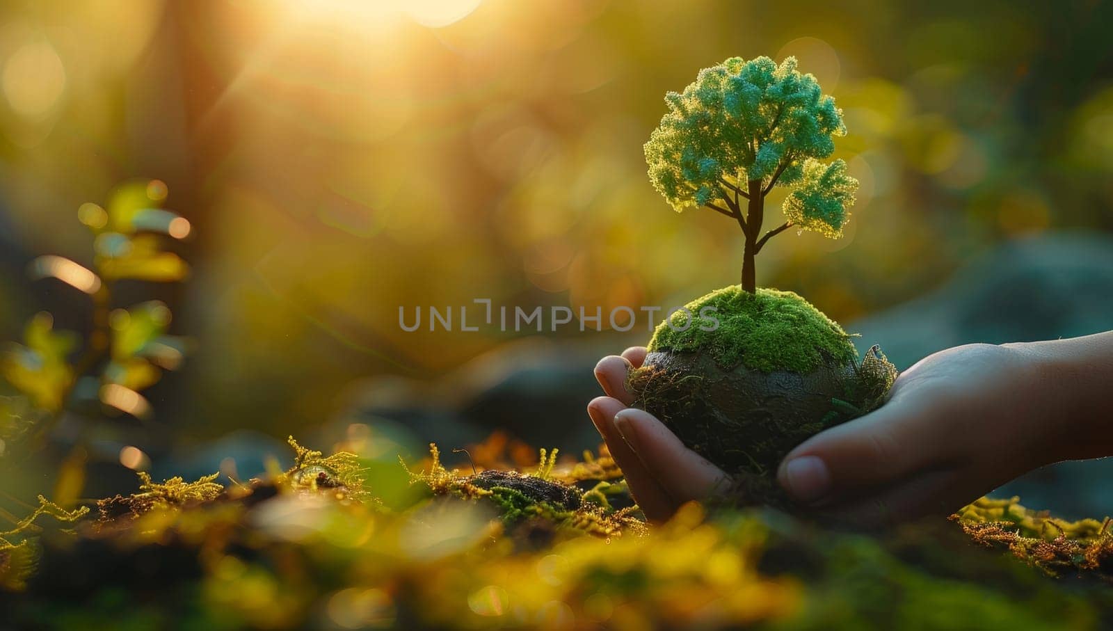 Human hand cradling a miniature tree growing on a moss covered sphere, symbolizing environmental care and reforestation. Concept of nature conservation, Earth Day, and sustainable living.