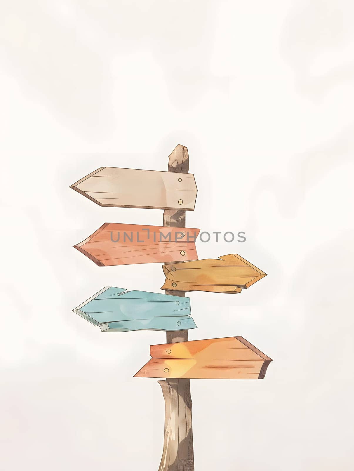 A rectangular wooden signpost with arrows pointing in different directions, showcasing the art of wood gesture drawing. The hardwood balance of font and painting creates a captivating illustration