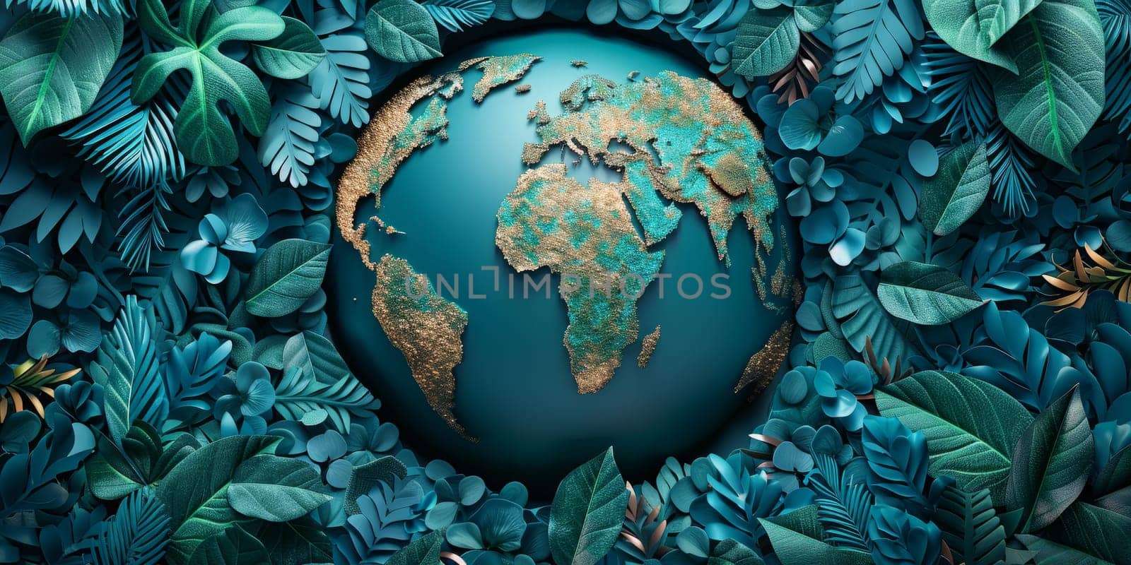 Earth Globe Surrounded by Lush Tropical Leaves Environmental Conservation Concept