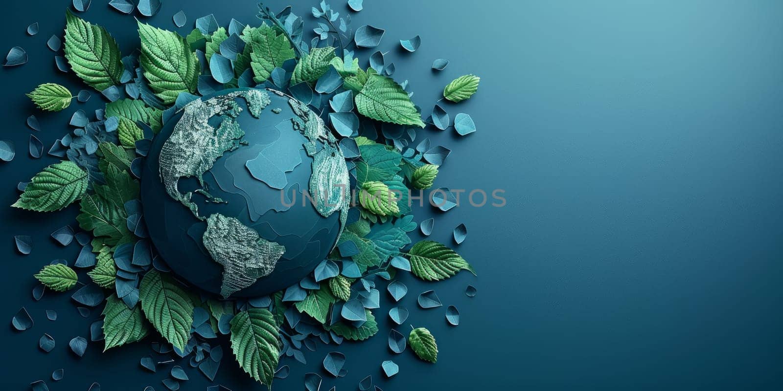 Earth Day concept with green leaves and water droplets surrounding planet Earth. Environmental conservation and eco friendly lifestyle awareness.